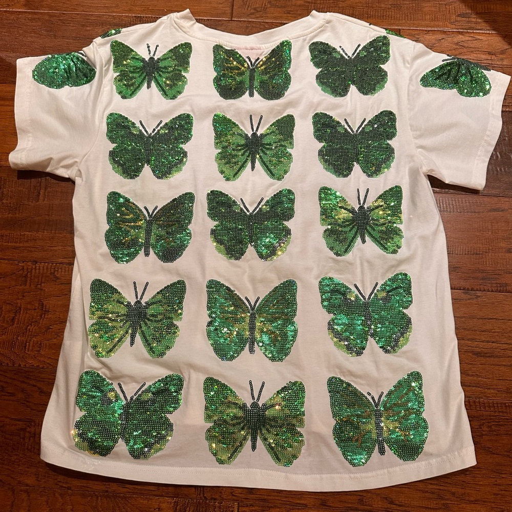 Queen of Sparkles White with Green Butterfly Sequin T-Shirt - Size XS - Picture 3 of 4